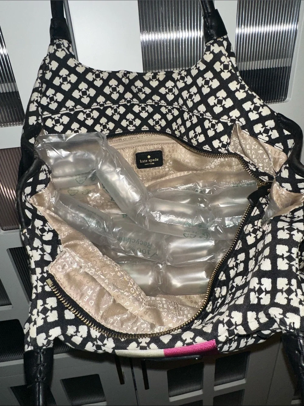 kate spade Black & White Pattern Shoulder Bag with Pink Stripe
